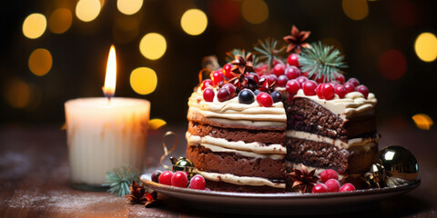 Fototapeta na wymiar Christmas cake with fruit and candlestick on a wooden table