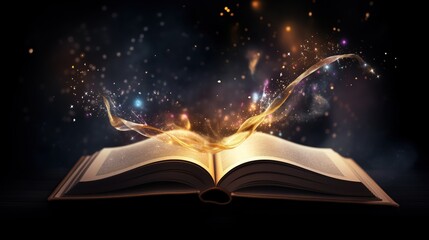 An open book casting a warm golden glow, with magical sparkles and light dancing across its pages, evoking a sense of wonder.