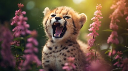 Portrait of happy cheetah rejoice with spring. - obrazy, fototapety, plakaty