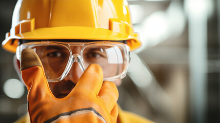 Closeup of Professional Construction Worker Wearing Yellow Hard Hat, Protective Glasses and Gloves. Industrial Safety Equipment Theme, Generative AI - Powered by Adobe
