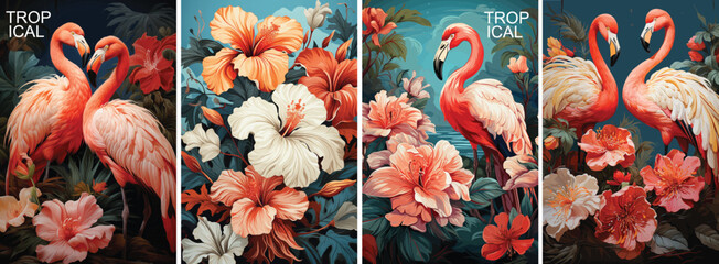 banner of Tropical flowers, plants, leaves and flamingos. Vector illustration, Hawaiian background, wallpaper, poster