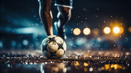 Soccer player feet kicking ball on dirty field. Professional sport soccer concept. AI generated