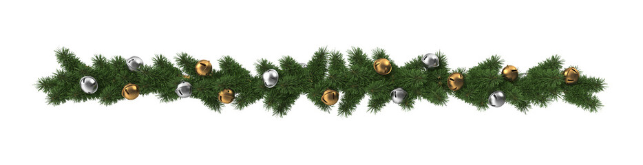 Christmas garland of tree branches with golden bells 3D illustration