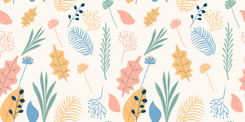 Trendy  background with simple nature shapes in vintage pastel colors. Floral pattern Organic leaves. Vector illustration with colorful freehand doodle collage. Design for wrapping paper, fabric print - obrazy, fototapety, plakaty