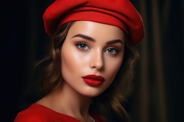 Beautiful French woman wearing a red beret