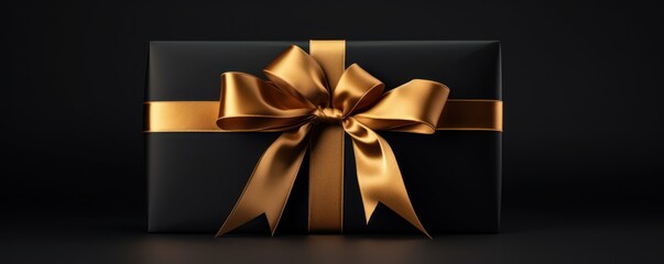 Elegant luxury present gift box with black ribbon bow on isolated black background. Shopping boxing day, Black friday sale background 