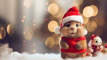 Cute chipmunk toy with Santa Claus hat on Christmas background.