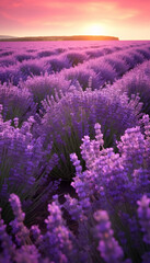 Obraz premium Lavender field in the golden sunlight of sunset or sunrise. Innovative AI.