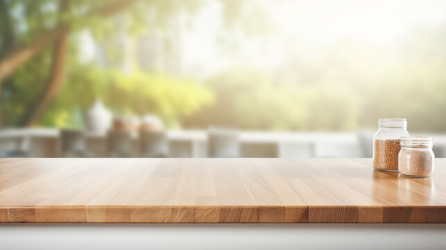 Beautiful Empty Wooden Table Top with Modern Bokeh Background - Elegant Interior Design Concept for Minimalist Home Space, Creating a Stylish and Serene Ambiance.