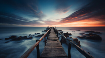 An exposure of the wooden bridge leading to the ocean with the soft water effect and cloudy sky of a sunrise or sunset. Innovative AI.