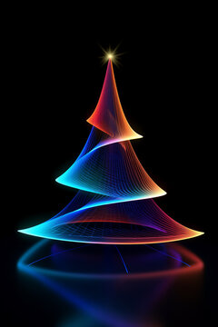 Christmas card with bright shiny neon color digital Christmas tree on dark background