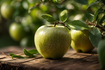  fresh apples. harvest of fresh green apples. apple orchard with beautiful sunlight.