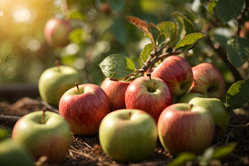 fresh apples. harvest of fresh organic apples. apple orchard with beautiful sunlight.