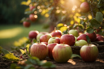 fresh apples. harvest of fresh organic apples. apple orchard with beautiful sunlight.
