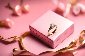 closeup, Box with golden engagement ring on pink background