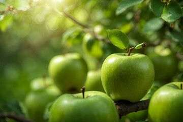  fresh apples. harvest of fresh green apples. apple orchard with beautiful sunlight.