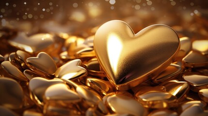 Fototapeta premium Golden glossy heart 3D background. Gold realistic metal heart. Happy Valentine's Day, love, wedding concept. Romantic Symbol of Love. Illustration greeting card, flyer, poster, decor, banner, web.