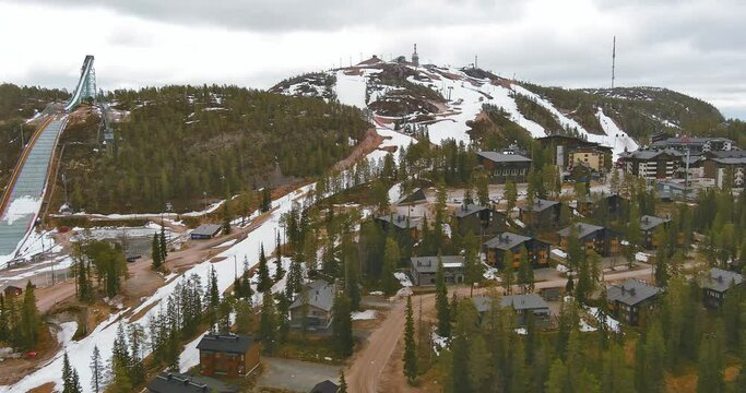 Aerial view of Ruka ski resort in cloudy spring weather, Kuusamo, Finland.