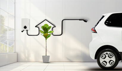 Electric car parking charging at smart house garage wall box charger station stand at family home. green energy,love nature,eco energy concept.