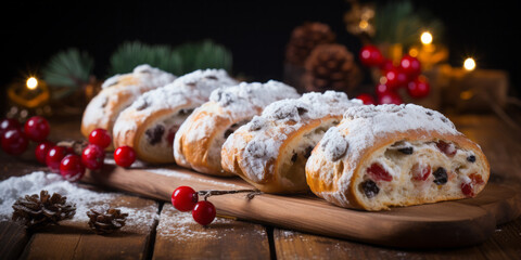 A christmas Festive German Stollen Bread adorned with Dried Fruits and Nuts