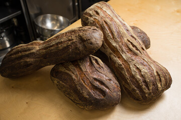 Freshly baked bread on a wooden table