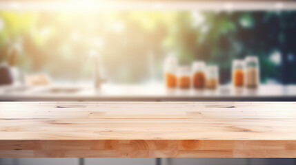 Beautiful Wooden Table Top with Empty Space - Clean Interior Design Concept for Restaurants and Cafes, Vintage Texture and Bokeh Background for Product Display.