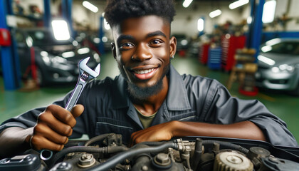 African man mechanic holding a wrench working on a car engine inside a workshop - obrazy, fototapety, plakaty