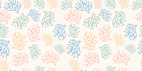 Trendy  background with simple nature shapes in vintage pastel colors. Floral pattern Organic leaves. Vector illustration with colorful freehand doodle collage. Design for wrapping paper, fabric print