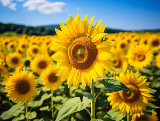 Fototapeta premium A sunflower field stretching towards the horizon. The weather is hot with clear blue skies.
