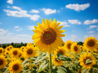 Obraz premium A sunflower field stretching towards the horizon. The weather is hot with clear blue skies.