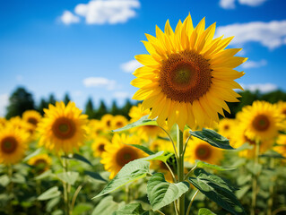 A sunflower field stretching towards the horizon. The weather is hot with clear blue skies.