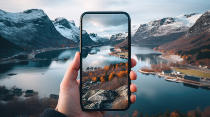 hand holding smartphone in the beautiful scenery with lake - Powered by Adobe