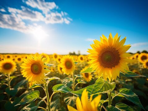 A sunflower field stretching towards the horizon. The weather is hot with clear blue skies. © Aisyaqilumar