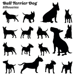 Collection of silhouette illustrations of bull terrier dog - obrazy, fototapety, plakaty