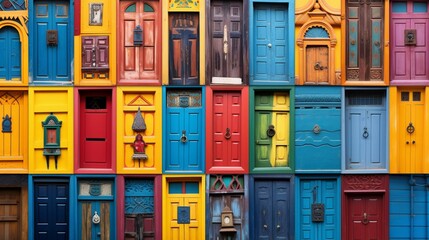  a collection of eclectic and brightly painted doors, symbolizing diversity and cultural richness. - obrazy, fototapety, plakaty