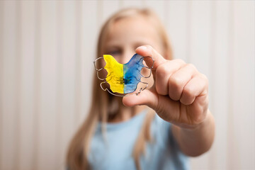 Orthodontic Plate, Dental Retainer for Expansion Jaw in Child's Hands in Focus. Alignment Kid...