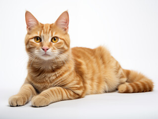 ginger shorthair cat lying on a white background
