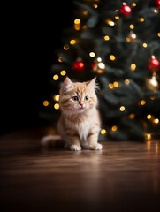 a kitten sitting in front of a Christmas tree