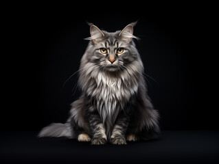 Obraz premium gray longhaired cat sitting on a black background