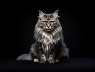 gray longhaired cat sitting on a black background
