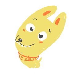 Cheerful funny smiling yellow dog - children's cartoon illustration of a pet on a white background. Simple drawing of a cute animal.