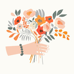 Illustration with the hand with a bouquet of flowers. Roses, poppies, texture. for postcards, invitations