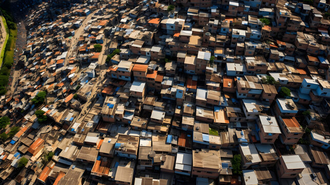An aerial view of the sprawling slums and favelas of Rio de Janeiro Brazil.