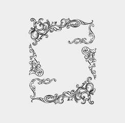 Hand drawn vector abstract outline,graphic,line vintage baroque ornament floral frame in calligraphic elegant modern style.Baroque floral vintage outline design concept.Vector antique frame isolated.