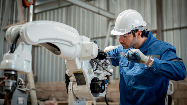 Engineer factory industry wearing safety uniform work and checking system of the welding robots for welding steel electrical by control system robot automate for industry manufacture concept.