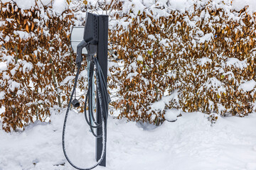 Close-up view of electric vehicle charging station at private villa during winter season. Swedenbackdrop, background, battery, battery car, Battery Charge, branch, branch with leaves, cable, calm, cha