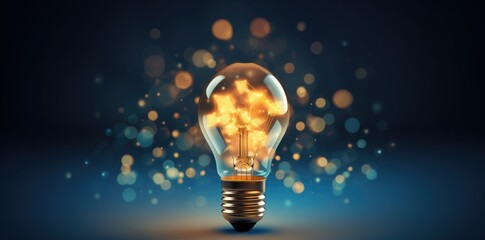 Hyper-realistic stock image of a sharp-focused light bulb against a dark sky-blue background. Intricate details and textures with a gold color scheme and subtle gradient. Three-dimensional depth