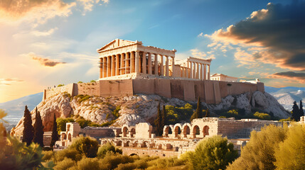 A panoramic view of the historic Acropolis in Athens Greece at sunset.