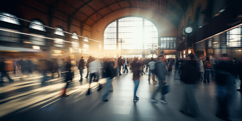 Train station with crowd people walking motion blur in train station.

