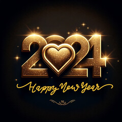 Digital art design conveying "Happy New Year" with the year "2024" designed in gold and a heart in the middle also in gold with a glitter texture. Created  using generative AI tools